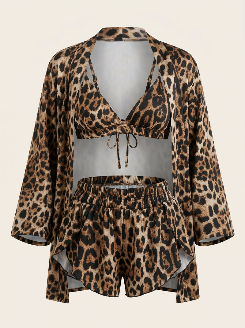 Leopard Print Satin Pajama Set with Tie Closure