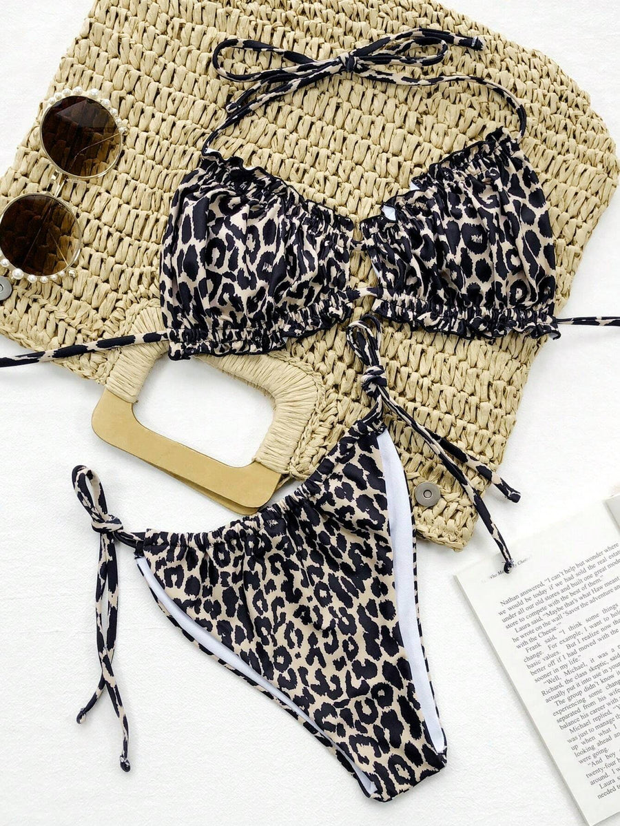 Leopard Print Satin Swimwear Set with Ruffle Detail-One-Piece Swimsuit-Bellascena-bellascena