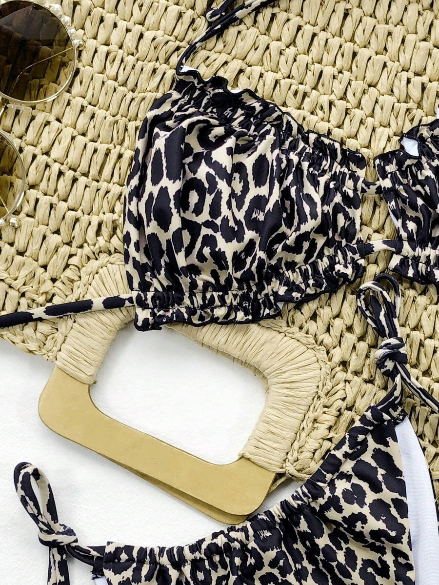 Leopard Print Satin Swimwear Set with Ruffle Detail-One-Piece Swimsuit-Bellascena-bellascena