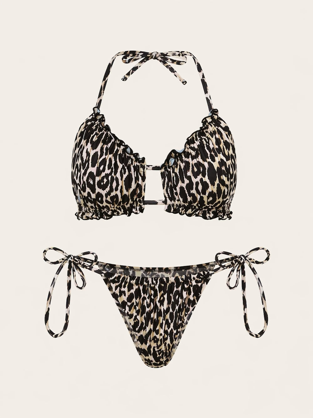 Set da bagno in raso con stampa leopardata e dettagli con volant