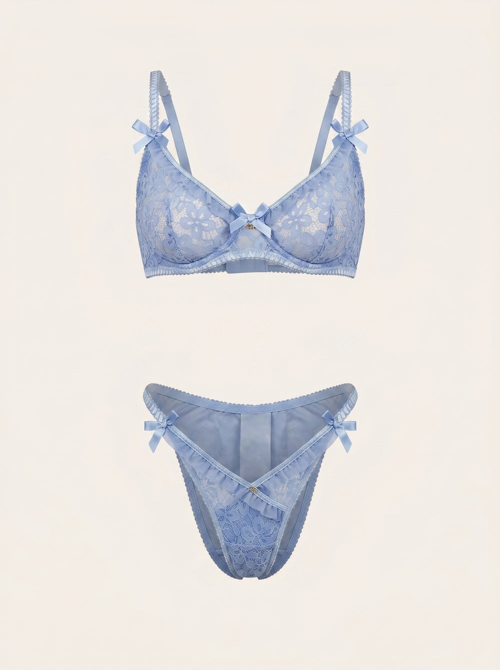 Hellblaues Spitzen-Dessous-Set mit Riemchen-Details