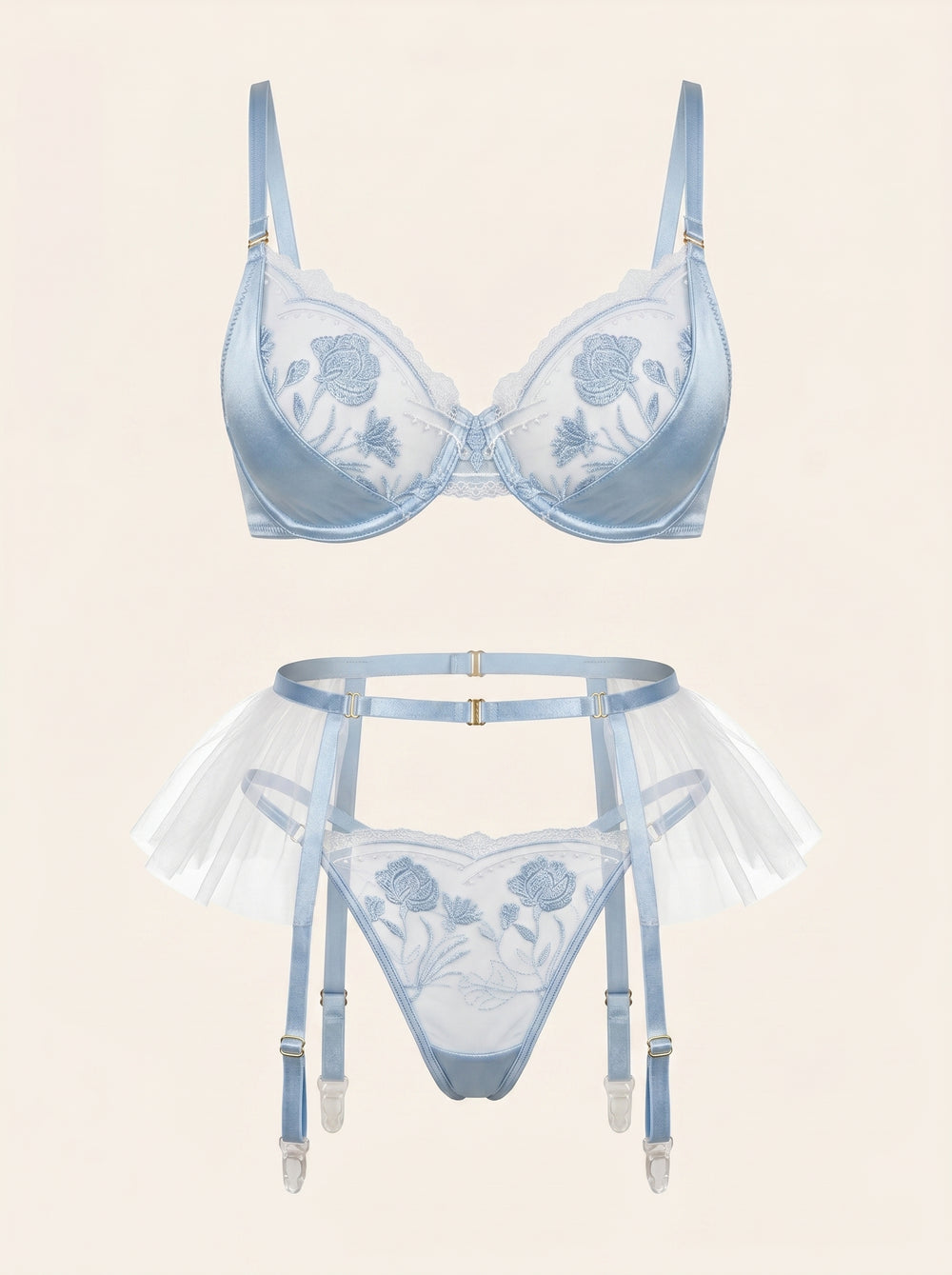 Hellblaues Satin-Dessous-Set mit Blumenstickerei