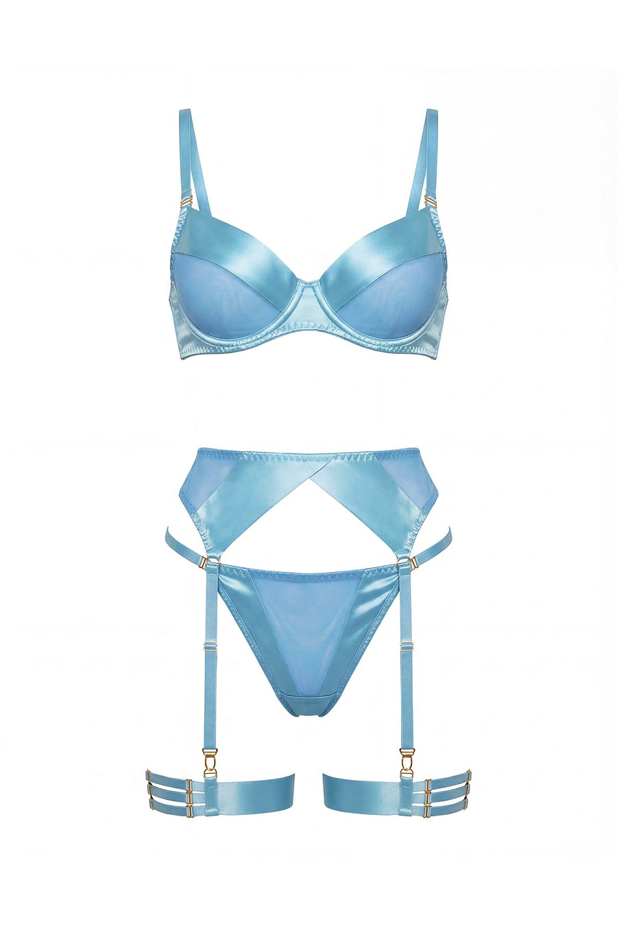 Light Blue Satin Lingerie Set with Strappy Details-Lingerie Set-Bellascena-bellascena