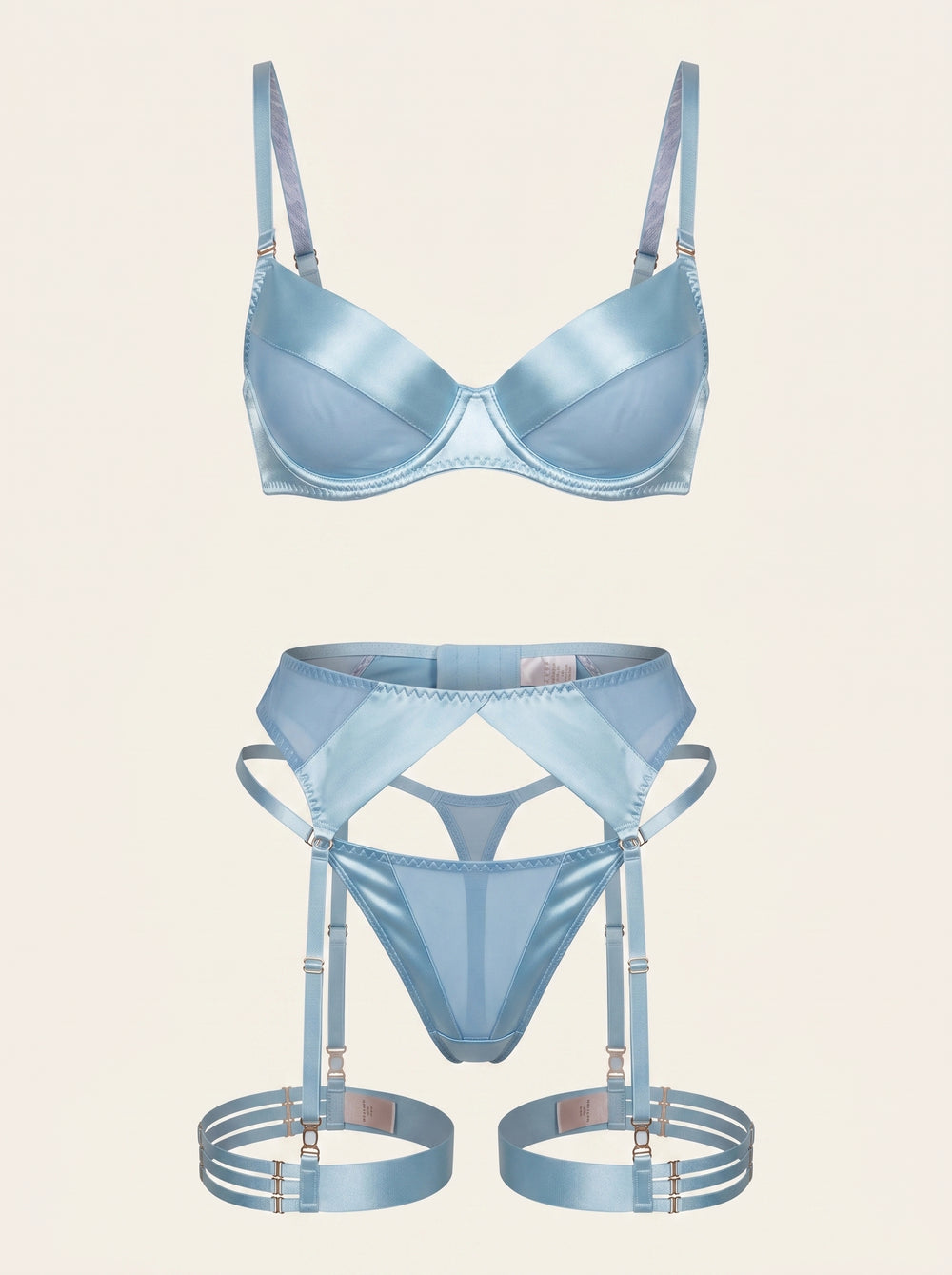 Light Blue Satin Lingerie Set with Strappy Details