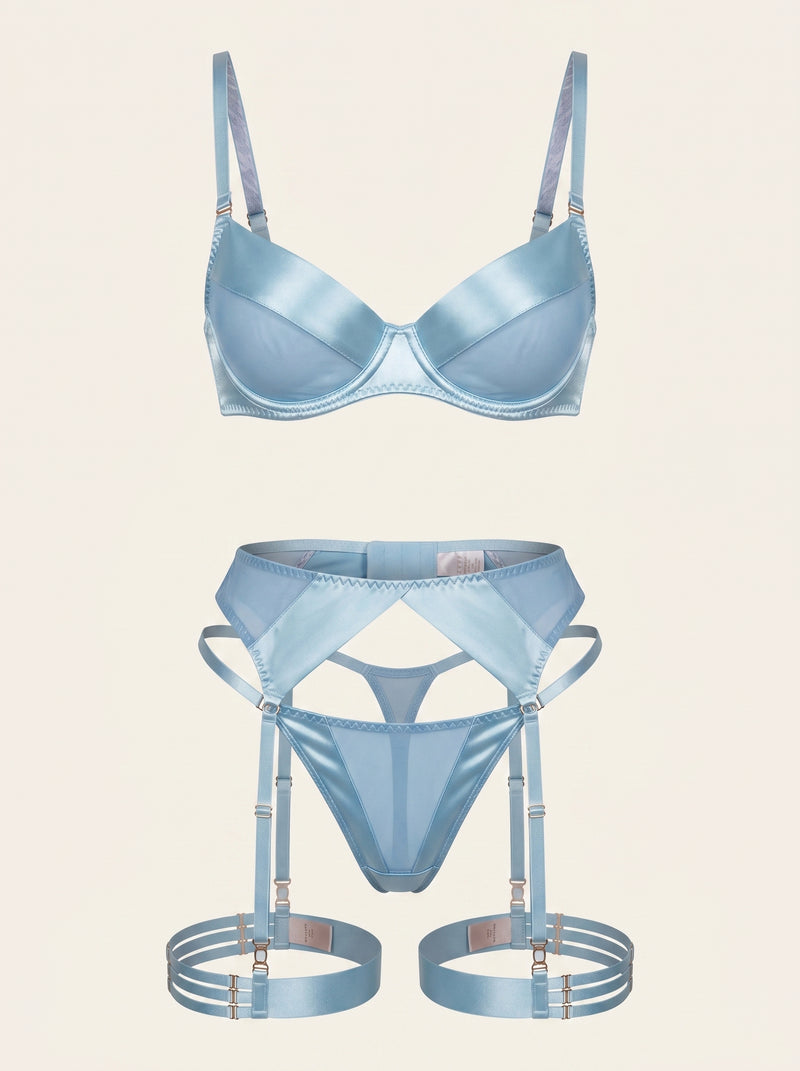 Light Blue Satin Lingerie Set with Strappy Details