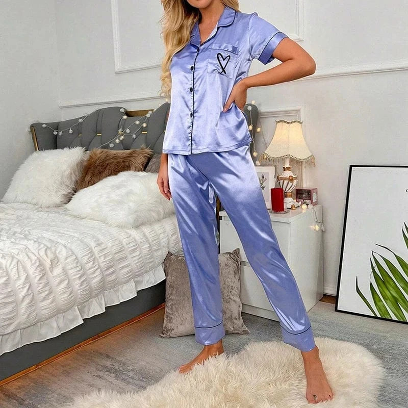 Light Blue Satin Pajama Set with Short Sleeves & Button-Up-Pajama Set-Bellascena-bellascena