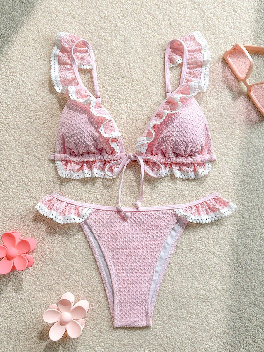 Light Pink Lace Bodysuit with Strappy Ruffle Detail-Bodysuit-Bellascena-bellascena