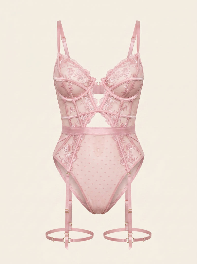 Light Pink Mesh Bodysuit with Lace Embroidery