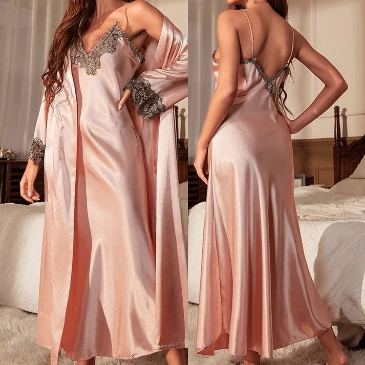 Light Pink Satin Nightgown with Lace Trim-Nightgown-Bellascena-bellascena