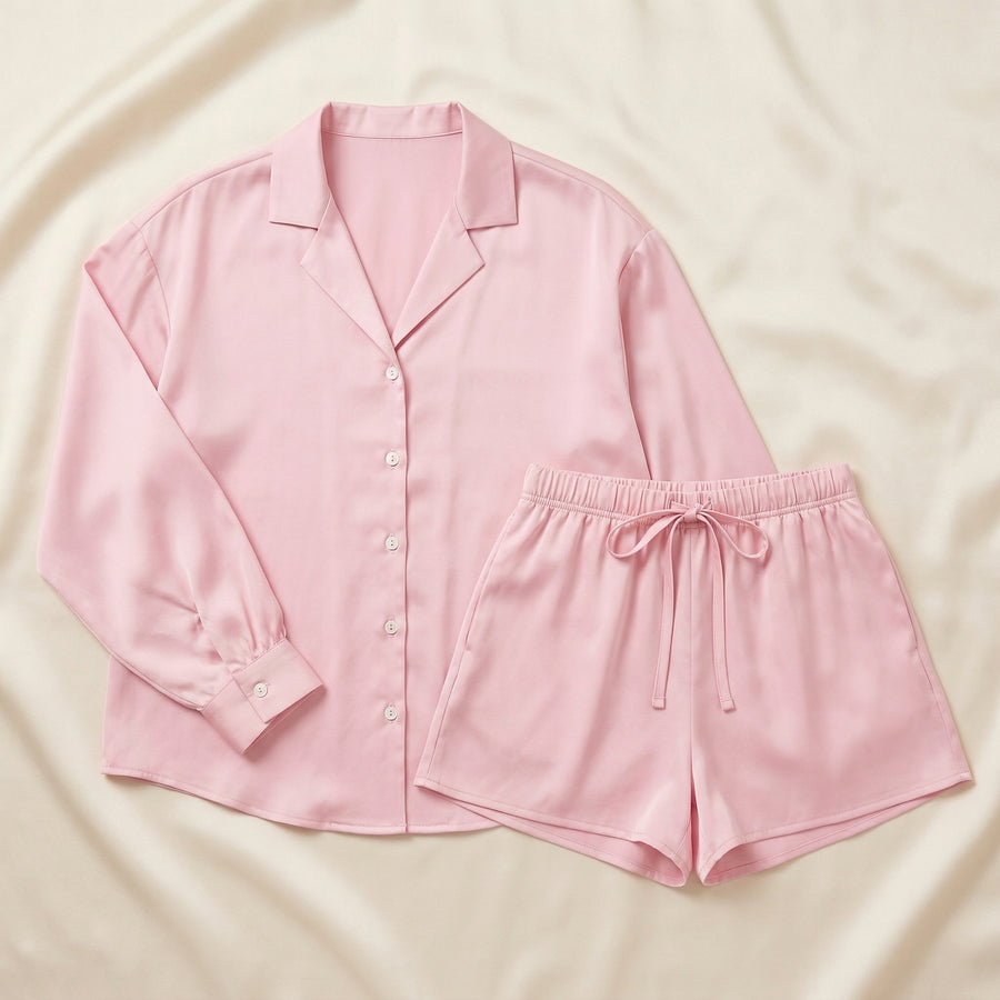 Light Pink Satin Pajama Set with Button-Up Elegance-Pajama Set-Bellascena-bellascena