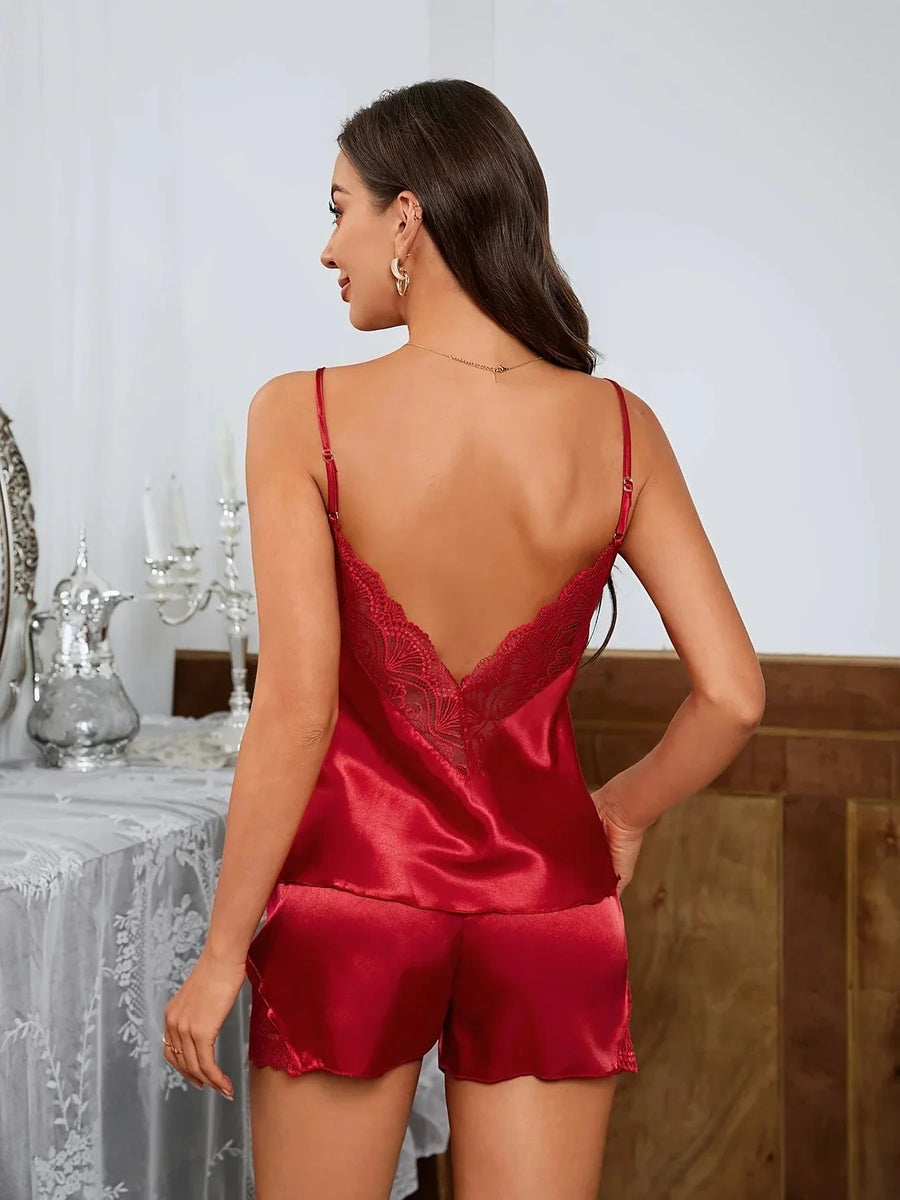 Light Pink Satin Pajama Set with Lace Trim-Pajama Set-Bellascena-bellascena