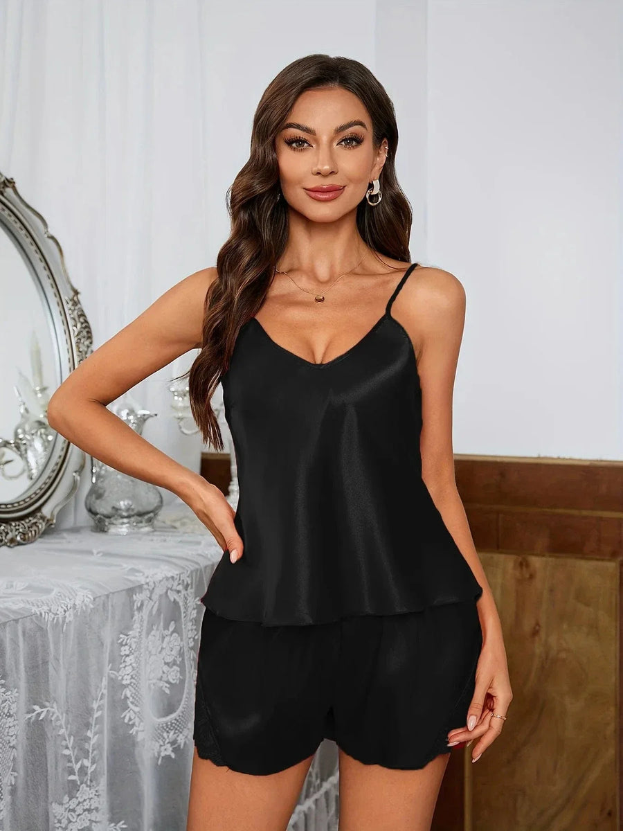 Light Pink Satin Pajama Set with Lace Trim-Pajama Set-Bellascena-Black-S-bellascena