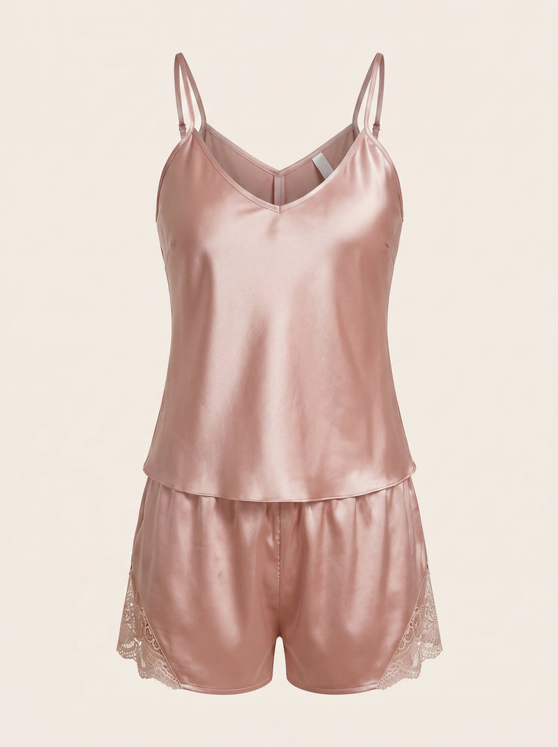 Ensemble de pyjama en satin rose clair avec bordure en dentelle