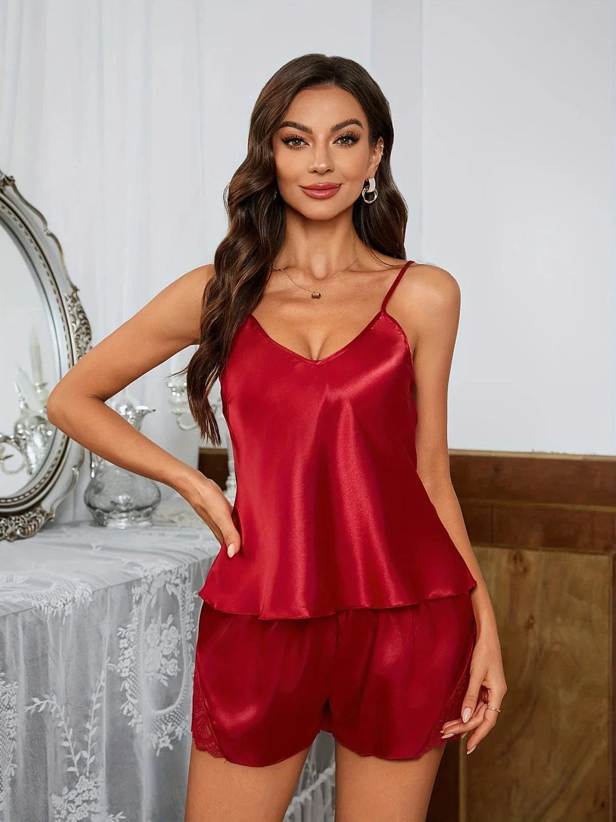 Light Pink Satin Pajama Set with Lace Trim-Pajama Set-Bellascena-Red-S-bellascena