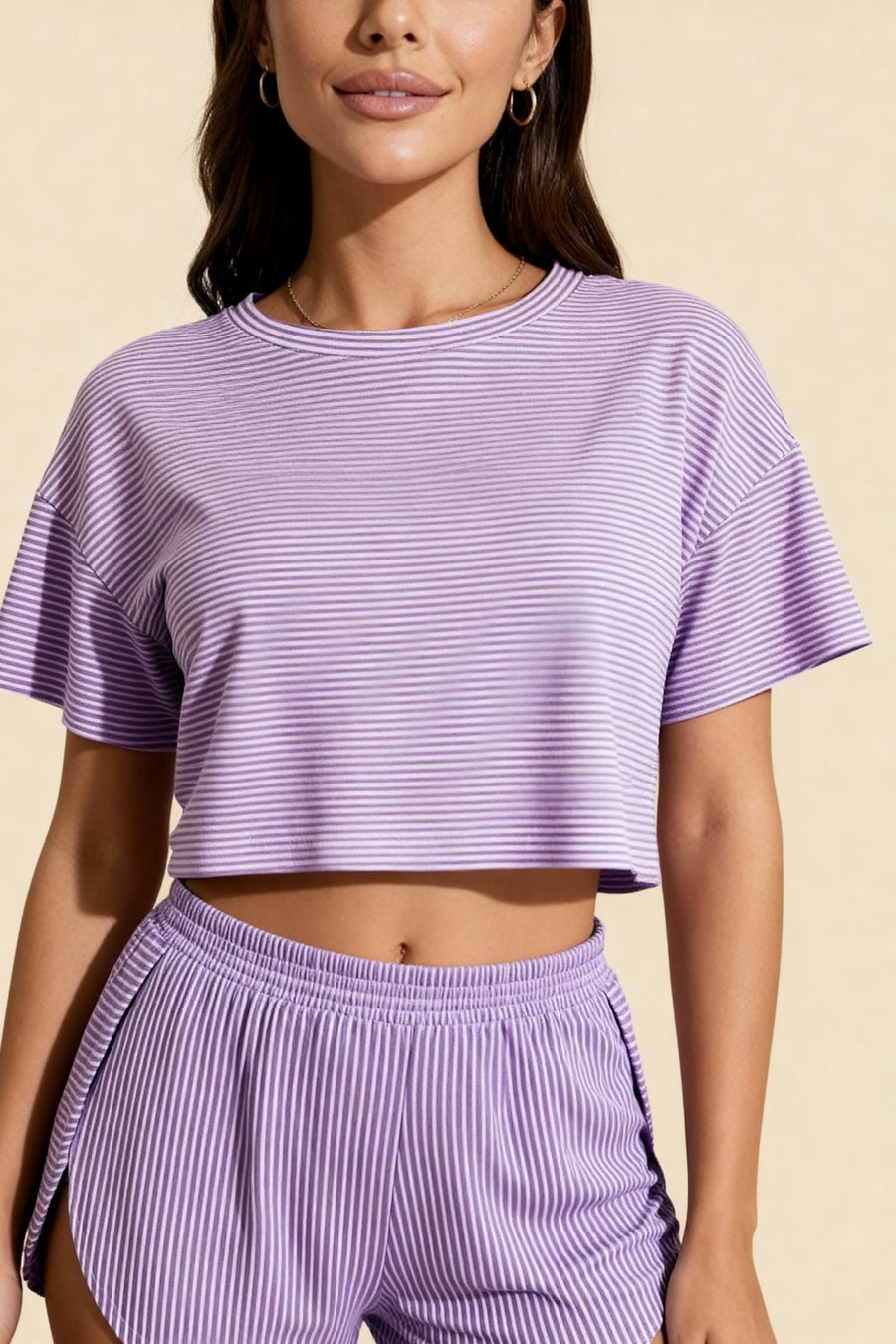 Light Pink Striped Cotton Crop Top & Shorts Set with Pockets-Pajama Set-Bellascena-bellascena