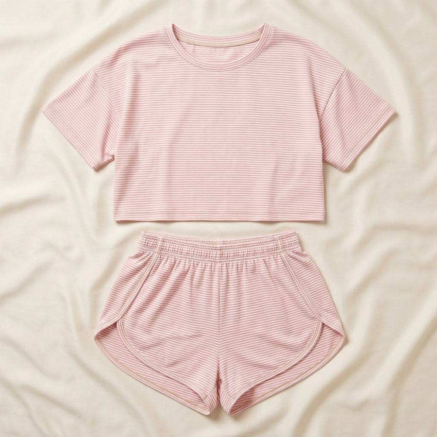 Light Pink Striped Cotton Crop Top & Shorts Set with Pockets-Pajama Set-Bellascena-bellascena