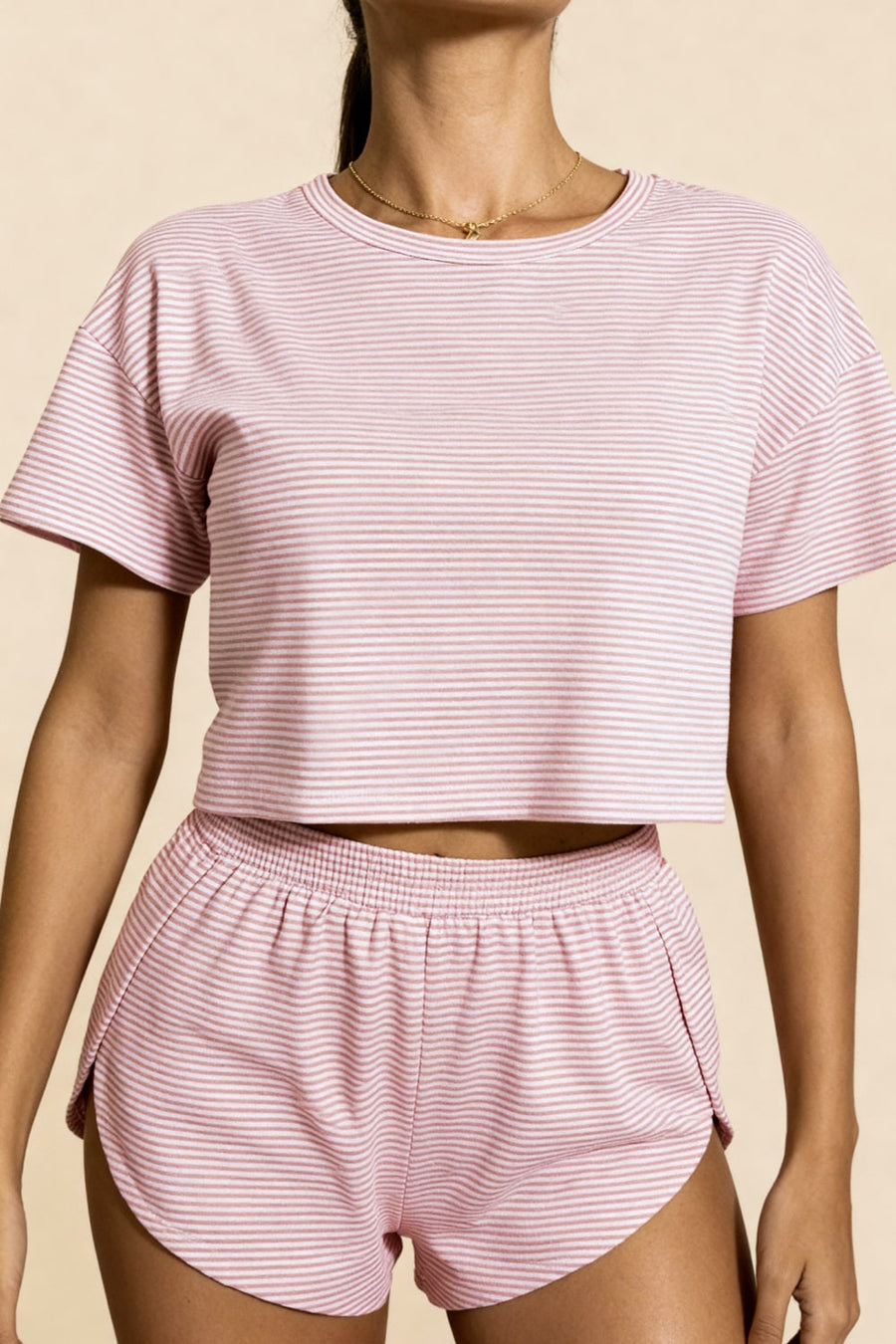 Light Pink Striped Cotton Crop Top & Shorts Set with Pockets-Pajama Set-Bellascena-bellascena