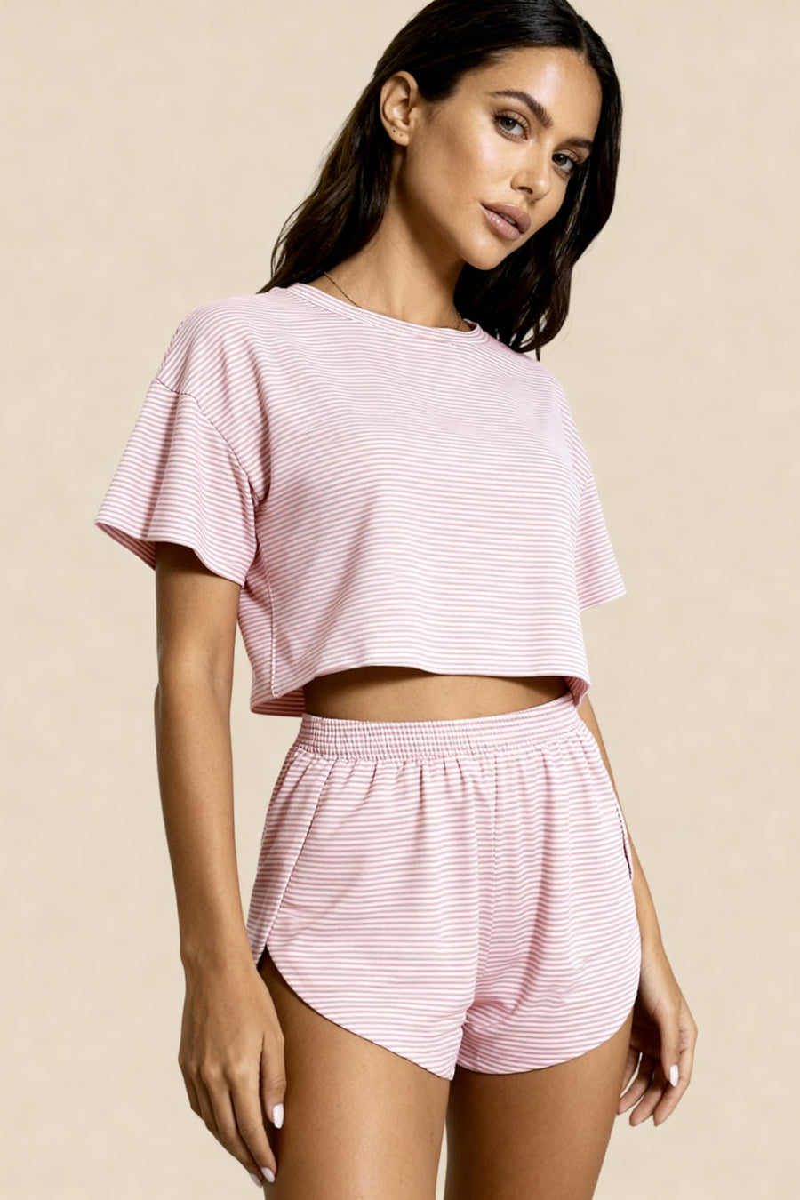 Light Pink Striped Cotton Crop Top & Shorts Set with Pockets-Pajama Set-Bellascena-bellascena