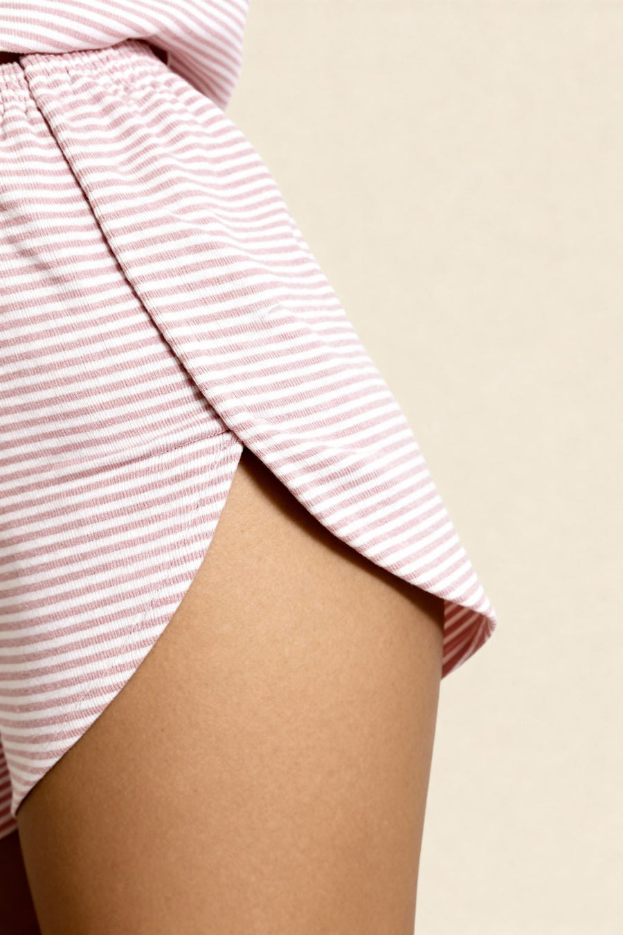 Light Pink Striped Cotton Crop Top & Shorts Set with Pockets-Pajama Set-Bellascena-bellascena