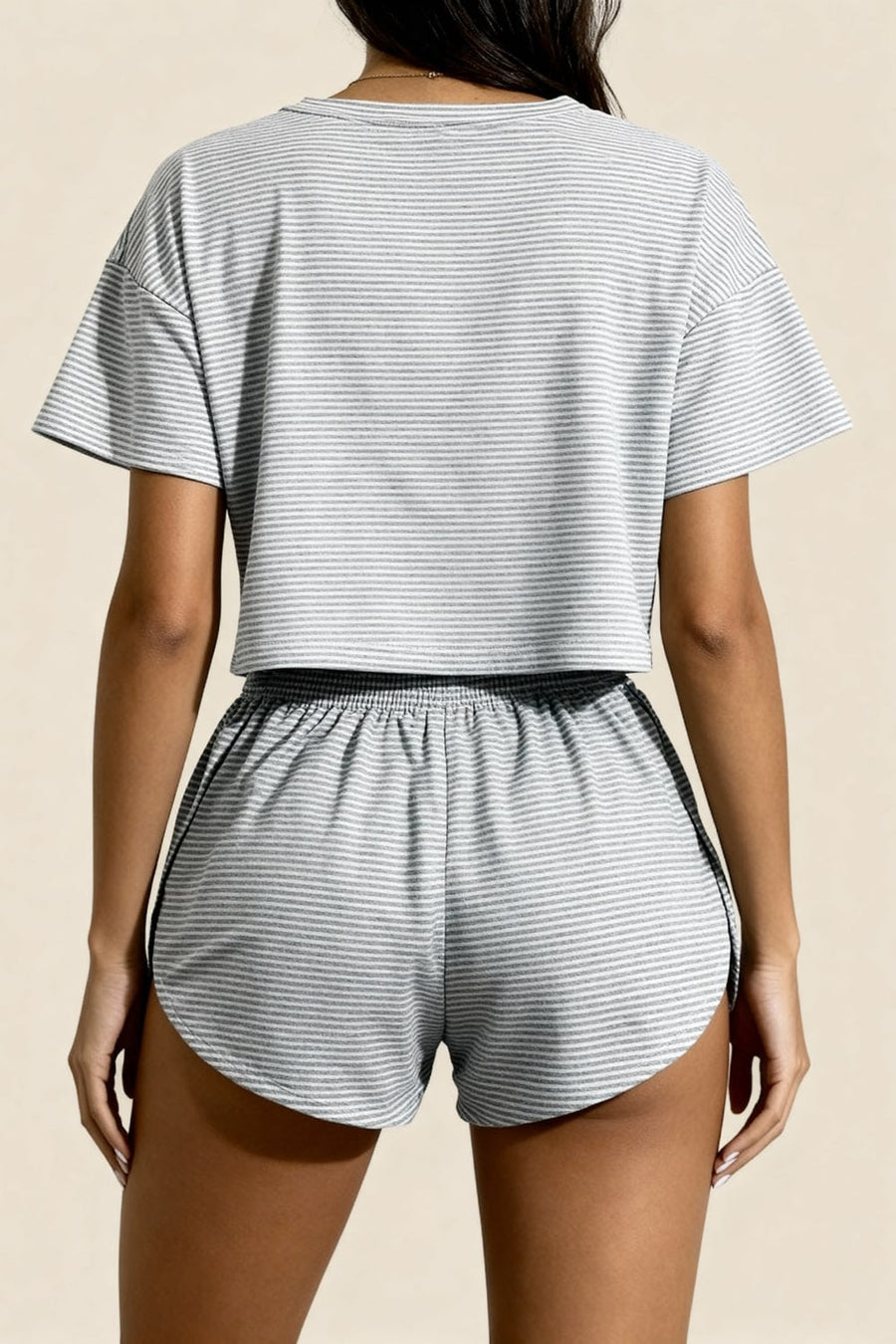 Light Pink Striped Cotton Crop Top & Shorts Set with Pockets-Pajama Set-Bellascena-bellascena