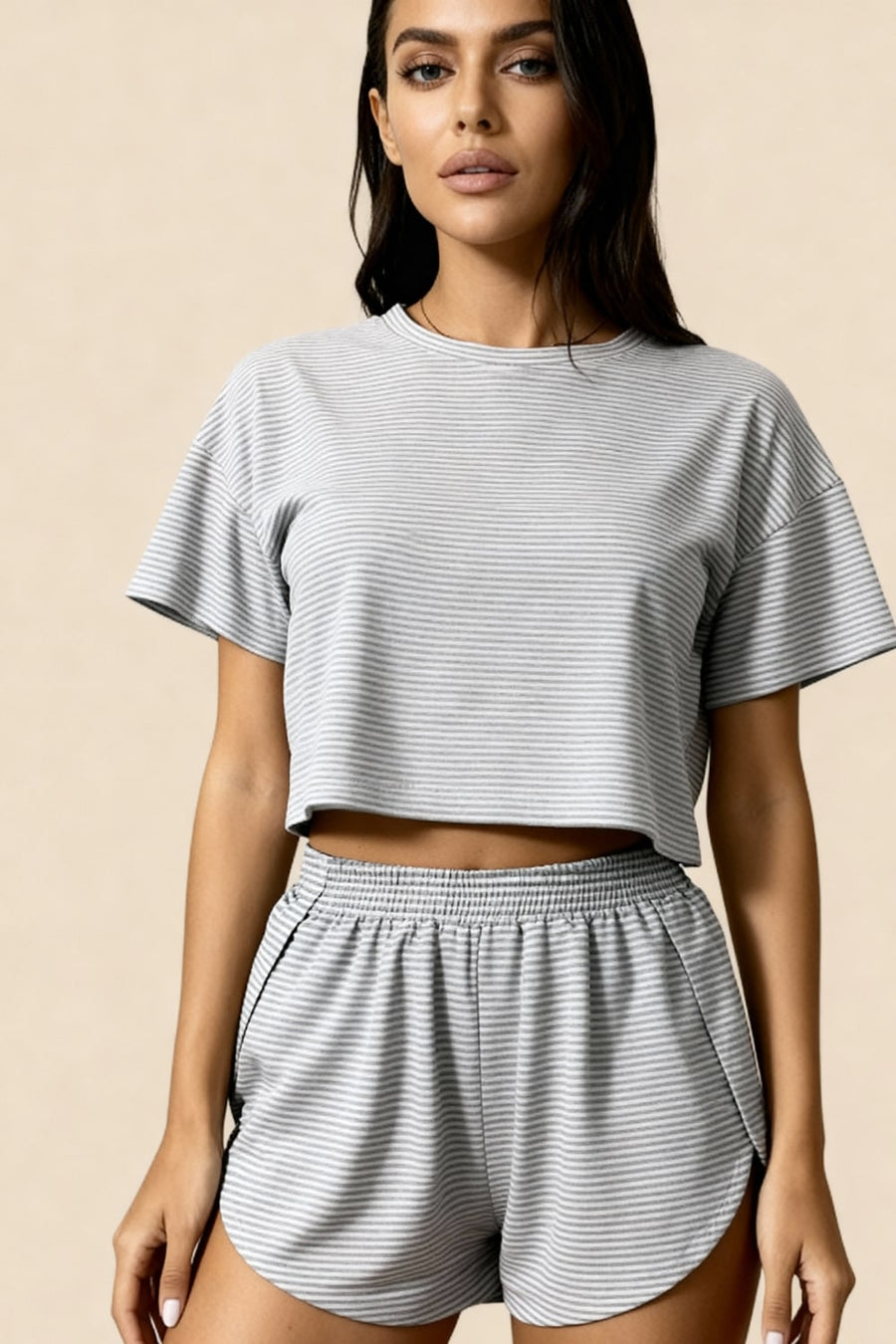 Light Pink Striped Cotton Crop Top & Shorts Set with Pockets-Pajama Set-Bellascena-Gray-S-bellascena