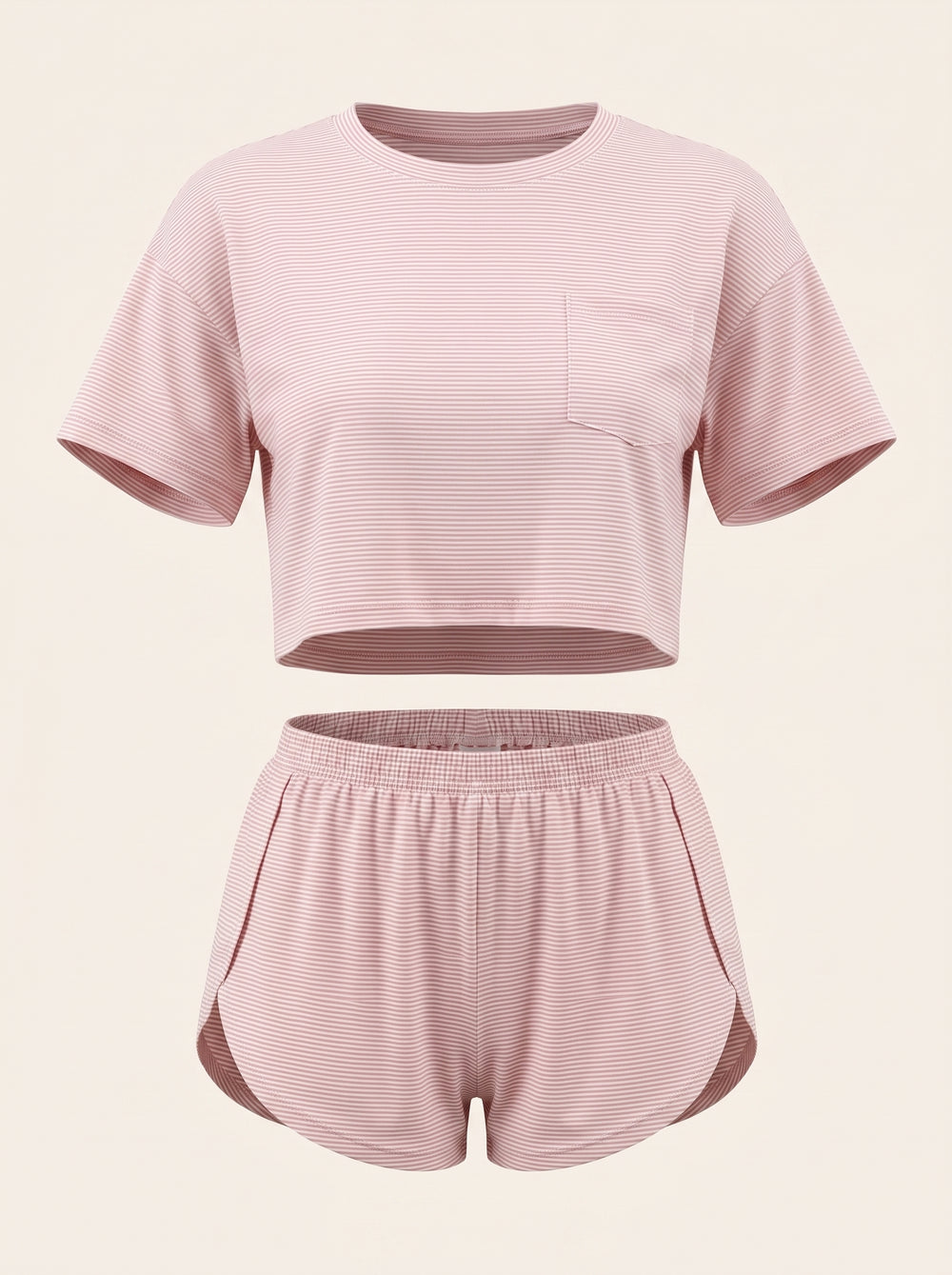 Ensemble de pyjama court en coton rose clair à rayures, avec poches