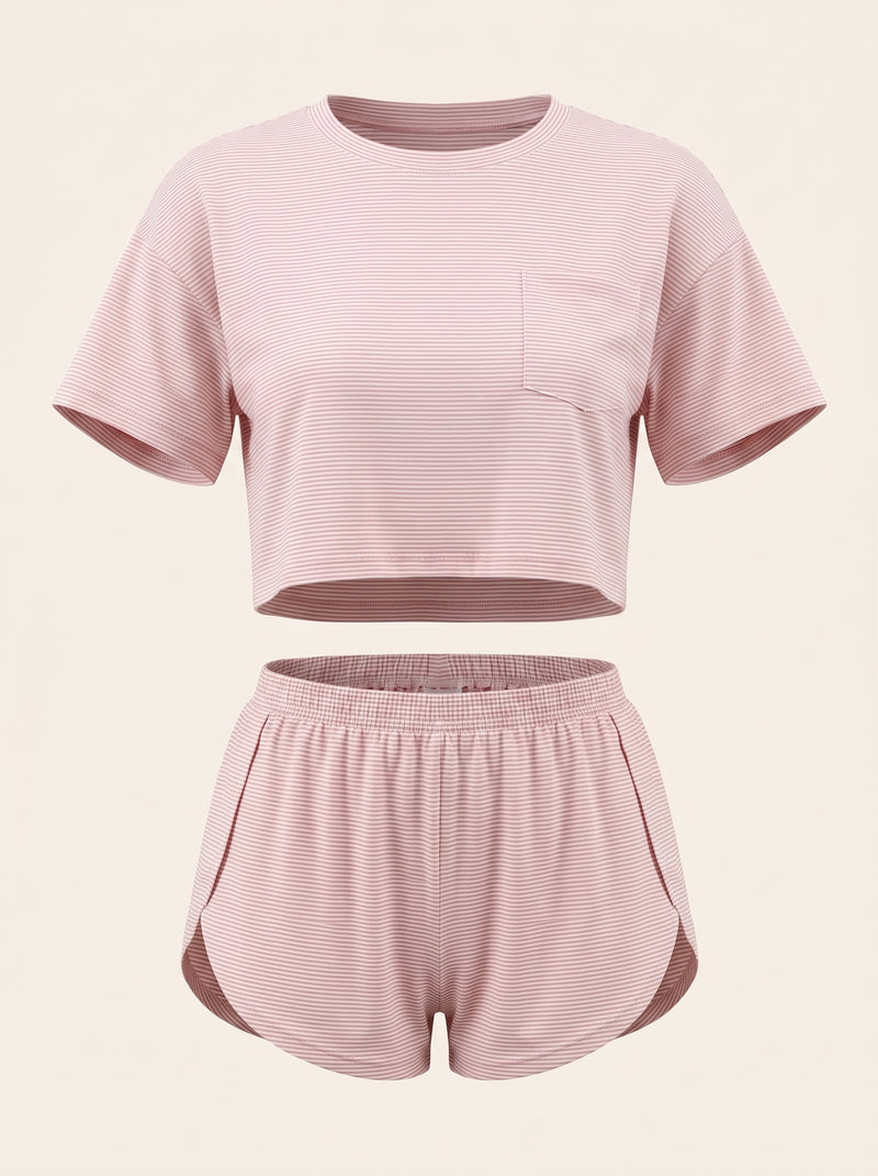 Light Pink Striped Cotton Crop Top & Shorts Set with Pockets