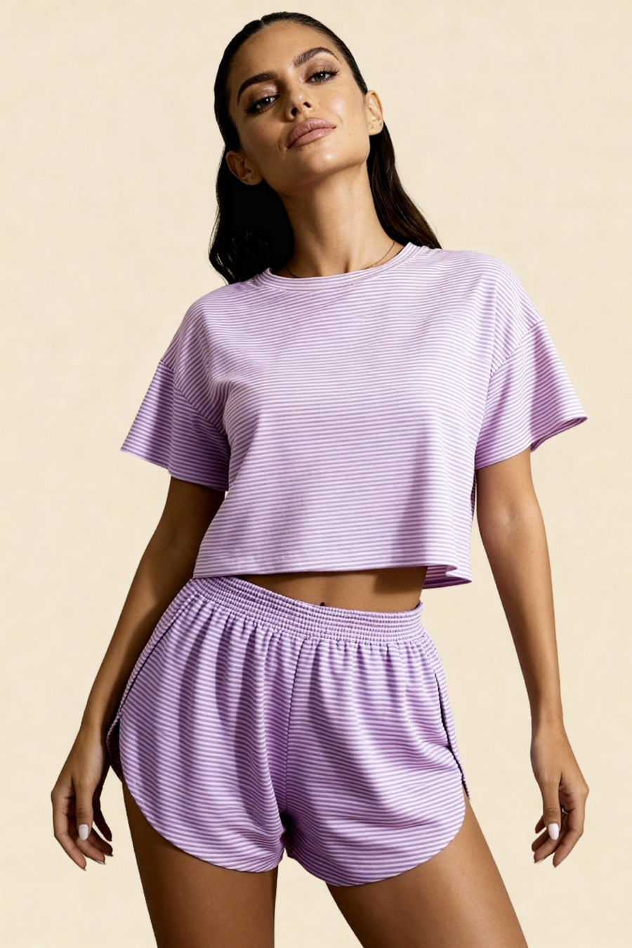 Light Pink Striped Cotton Crop Top & Shorts Set with Pockets-Pajama Set-Bellascena-Purple-S-bellascena