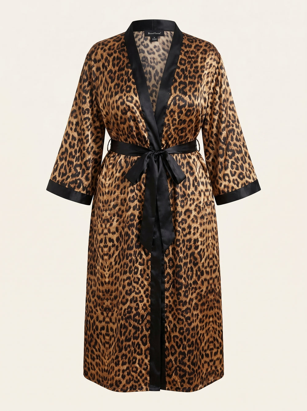 Longue robe kimono en satin à imprimé léopard avec ceinture à nouer