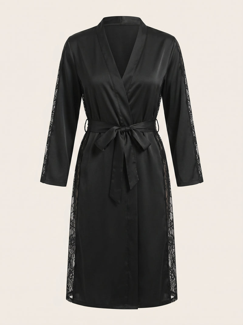 Long Sleeve Black Satin Kimono Robe with Lace Trim