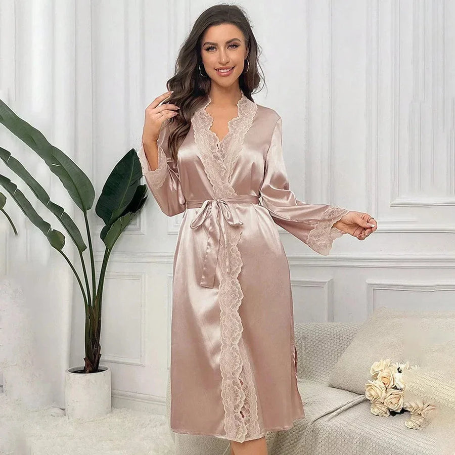 Luxe Mauve Satin Kimono Robe with Lace Trim-Kimono Robe-Bellascena-bellascena