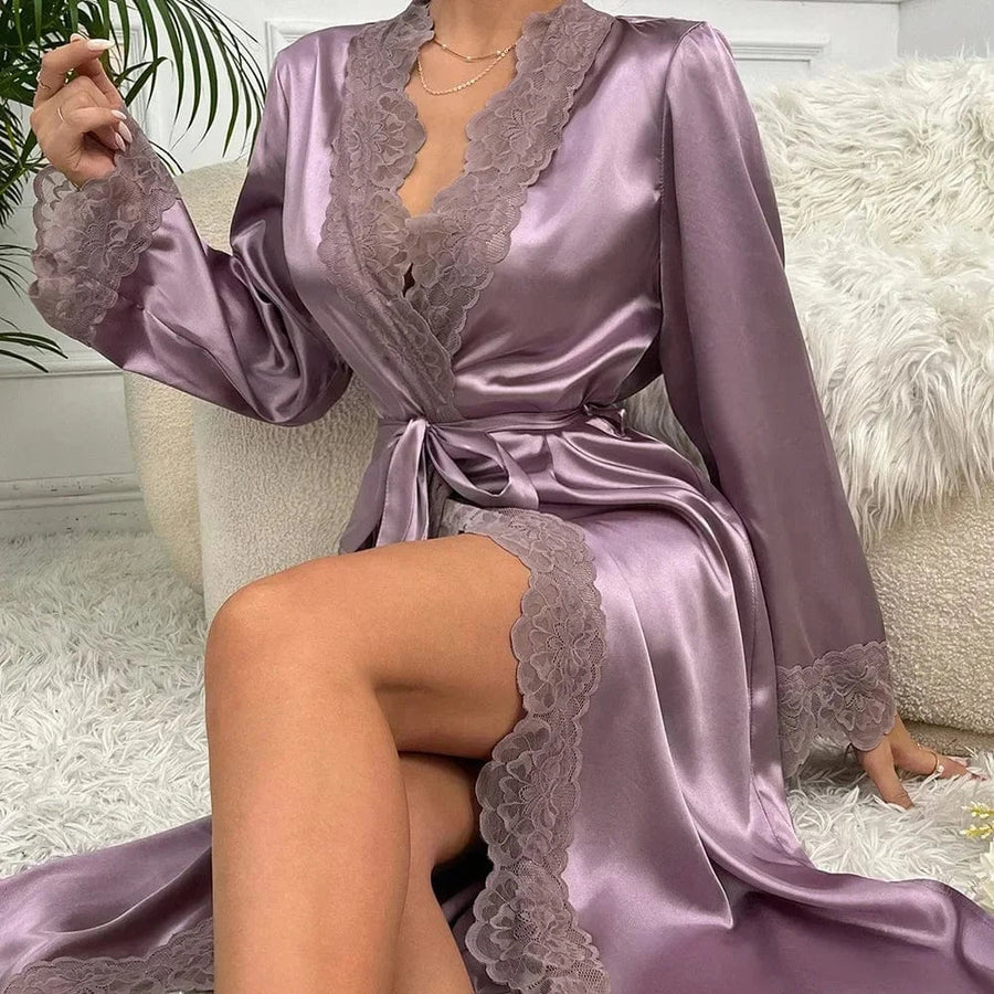 Luxe Mauve Satin Kimono Robe with Lace Trim-Kimono Robe-Bellascena-bellascena