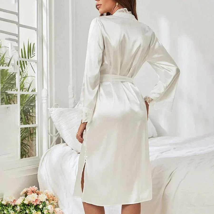Luxe Mauve Satin Kimono Robe with Lace Trim-Kimono Robe-Bellascena-bellascena