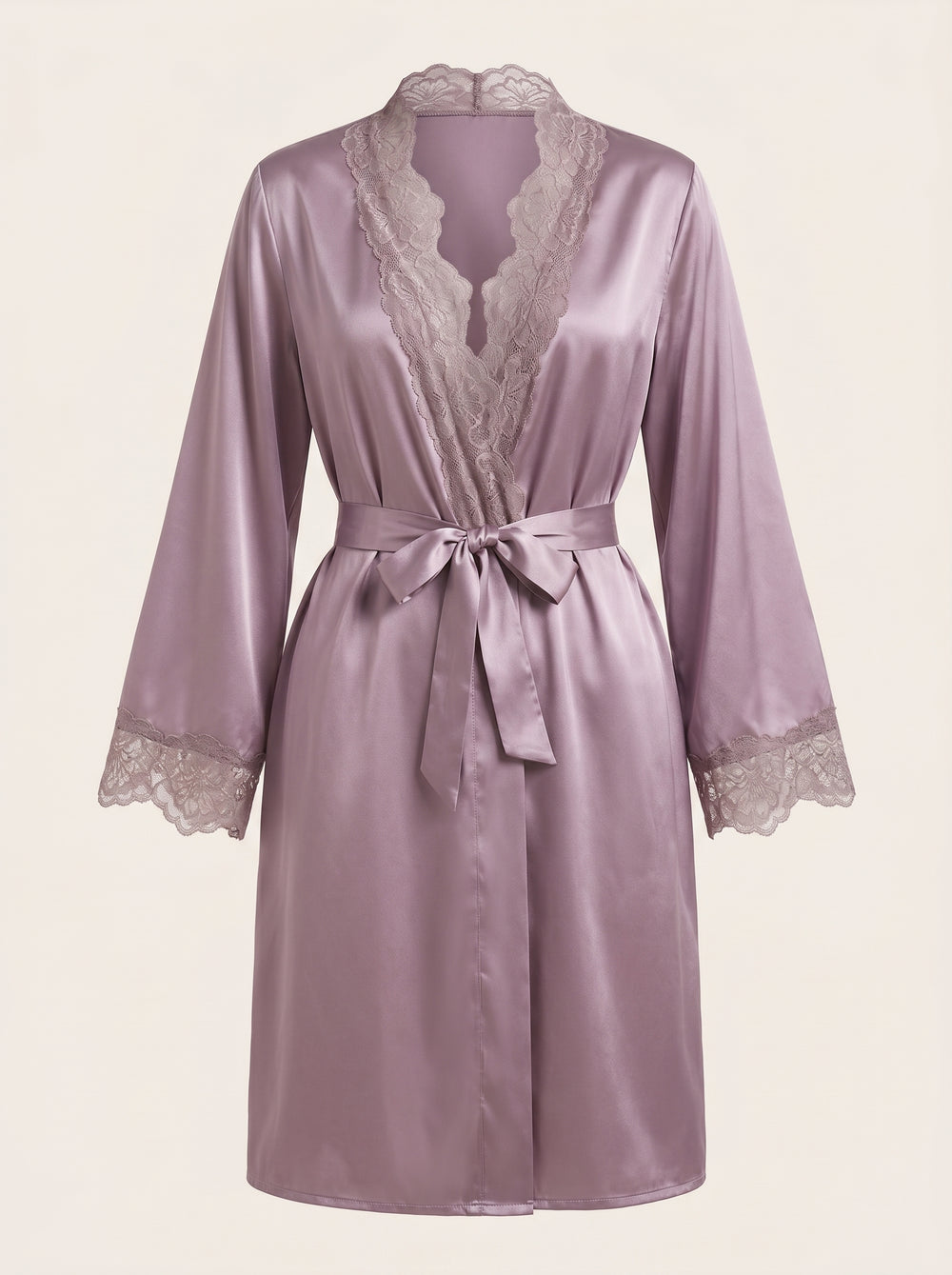 Luxe mauve satijnen kimono met kanten afwerking