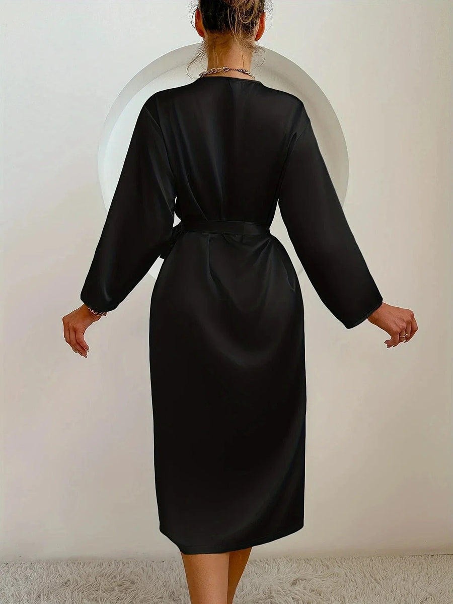 Luxurious Black Satin Kimono Robe with Tie Waist-Kimono Robe-Bellascena-bellascena