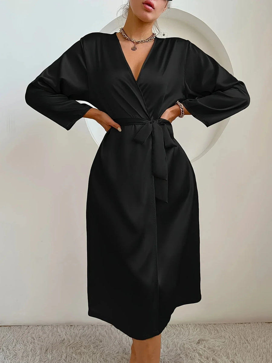 Luxurious Black Satin Kimono Robe with Tie Waist-Kimono Robe-Bellascena-bellascena