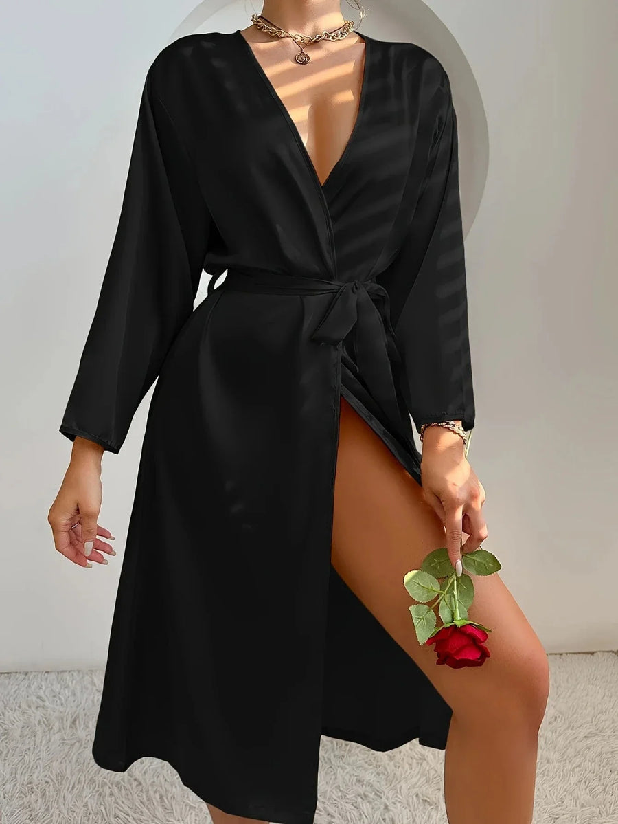 Luxurious Black Satin Kimono Robe with Tie Waist-Kimono Robe-Bellascena-bellascena