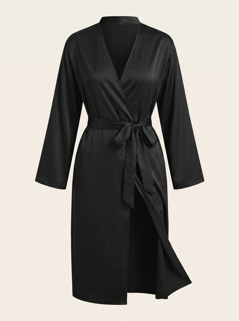 Luxurious Black Satin Kimono Robe with Tie Waist