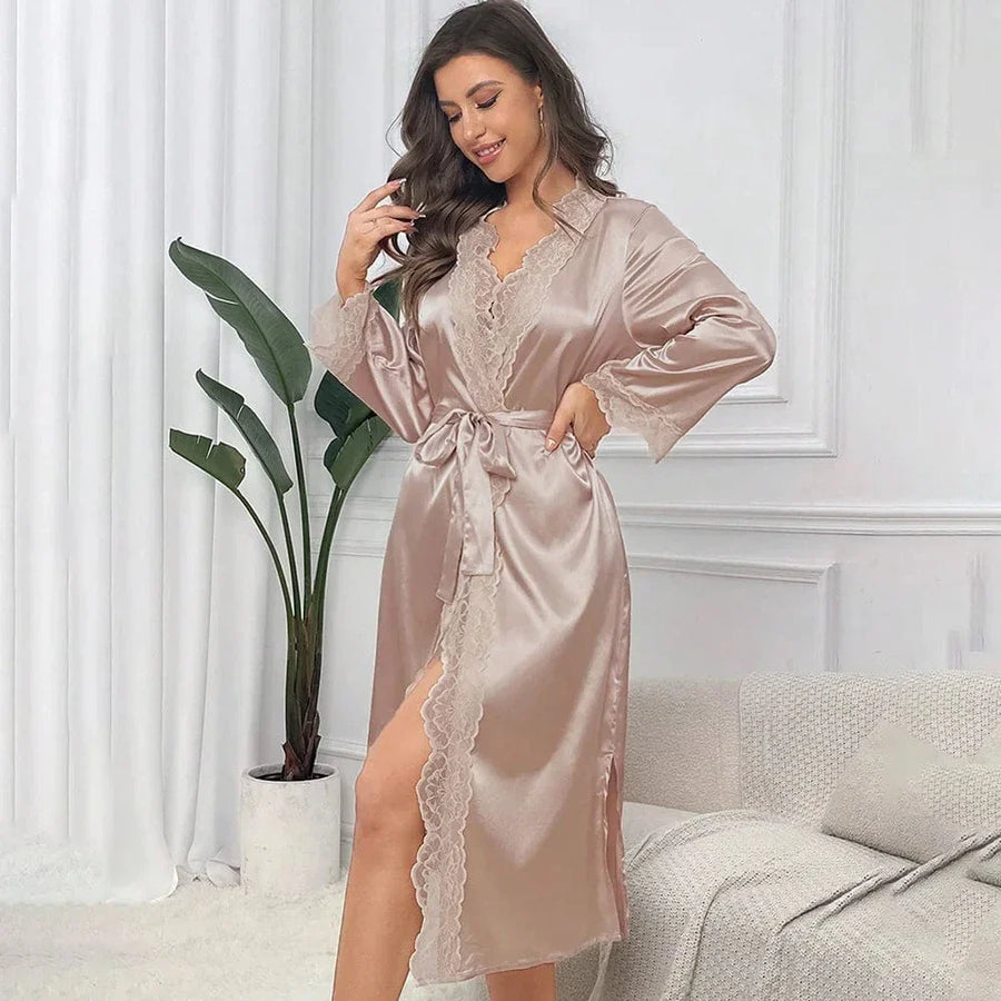 Luxurious Mauve Satin Kimono Robe with Lace Trim-Kimono Robe-Bellascena-bellascena