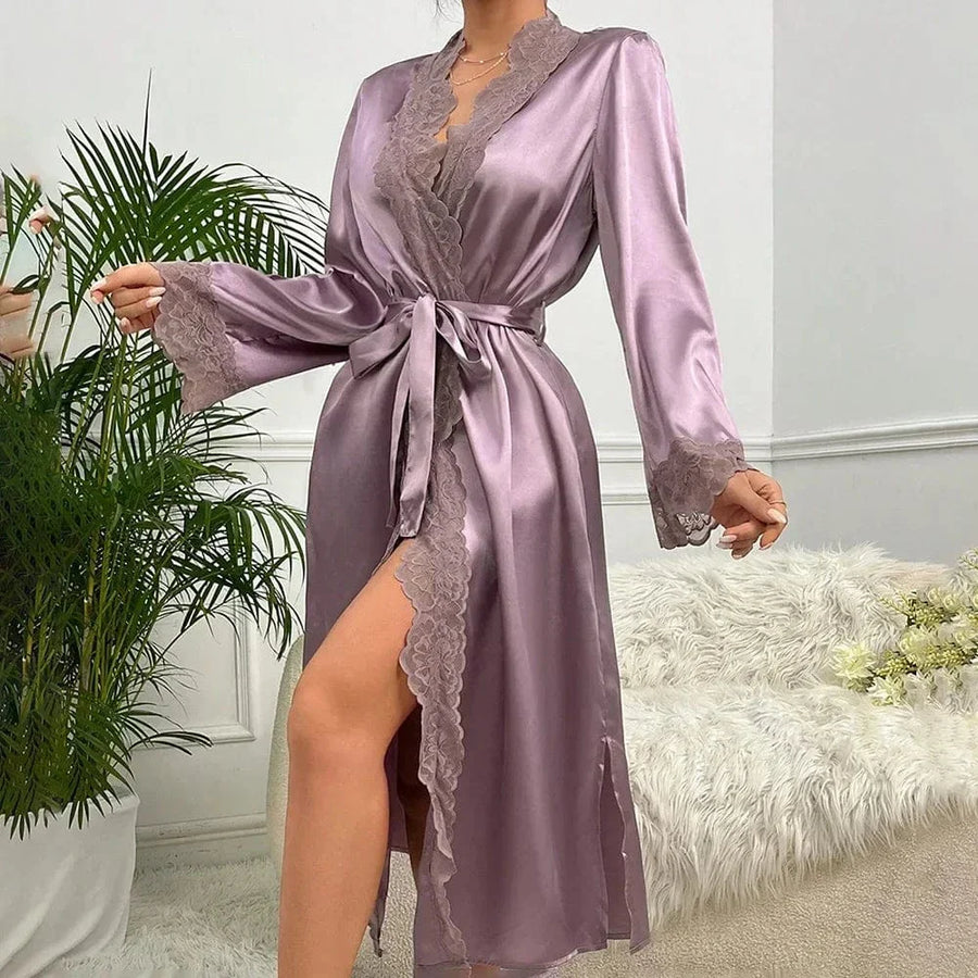 Luxurious Mauve Satin Kimono Robe with Lace Trim-Kimono Robe-Bellascena-bellascena