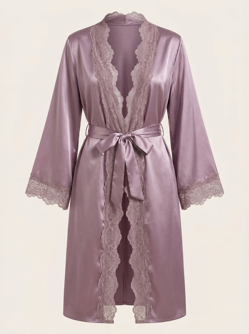 Luxurious Mauve Satin Kimono Robe with Lace Trim