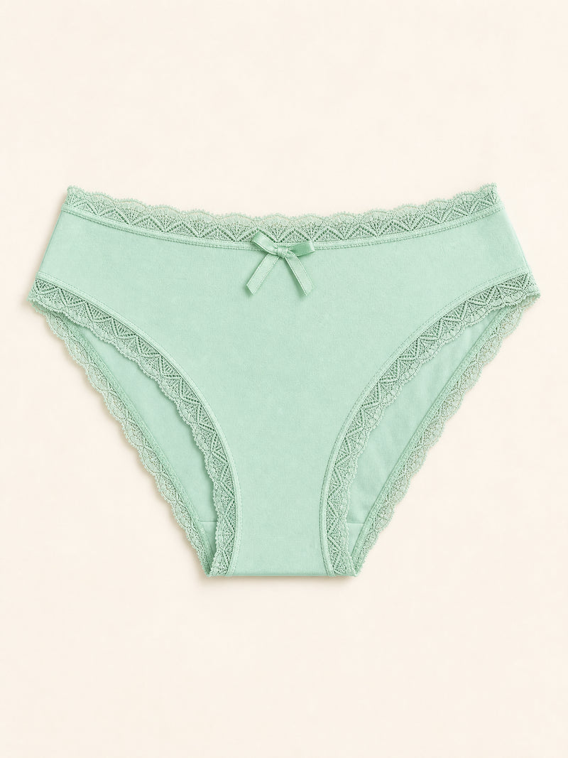Slip in mesh verde menta con bordi in pizzo e fiocco