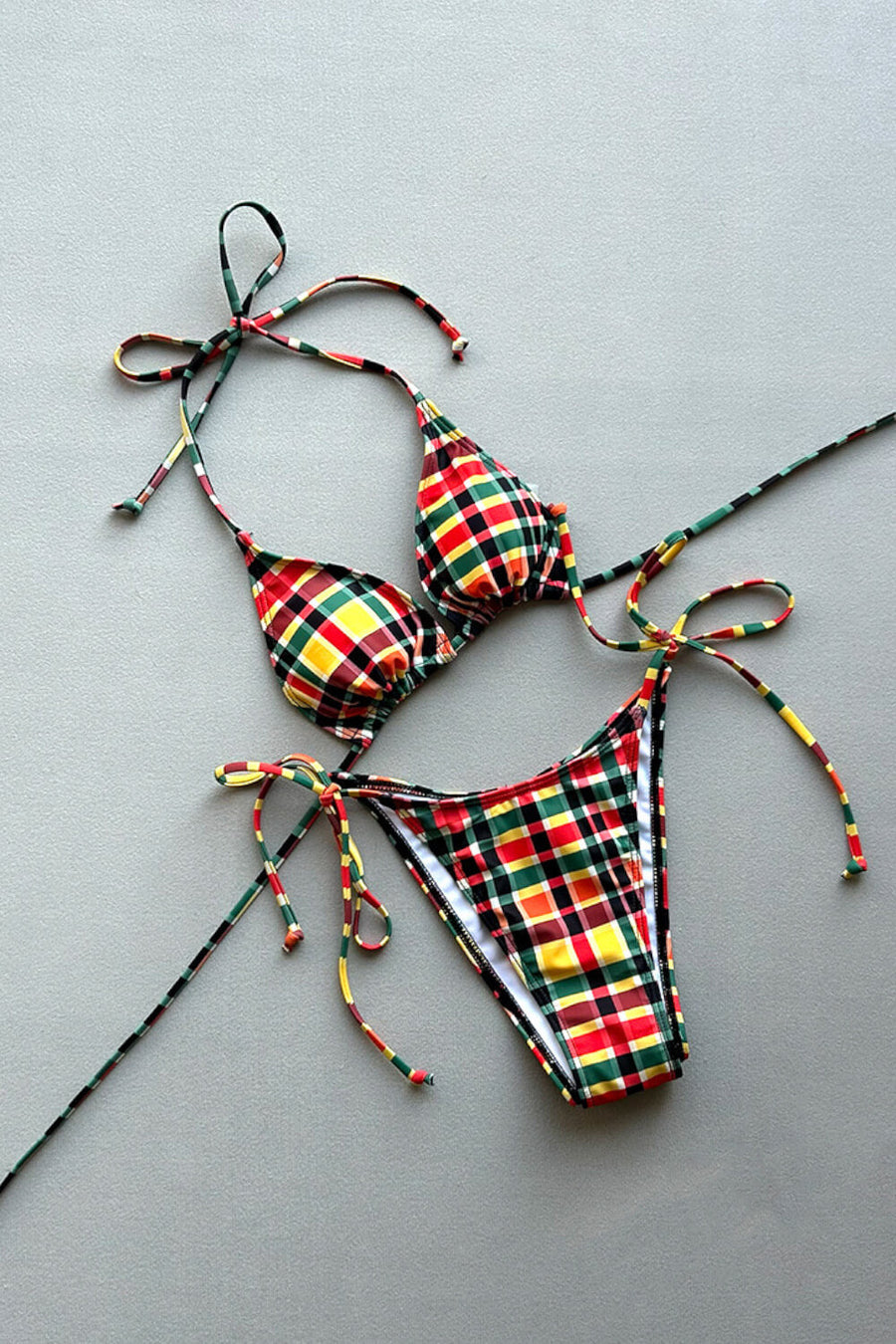 Multi Gingham Cotton Bikini Set with Tie Closure-Bikini Set-Bellascena-bellascena