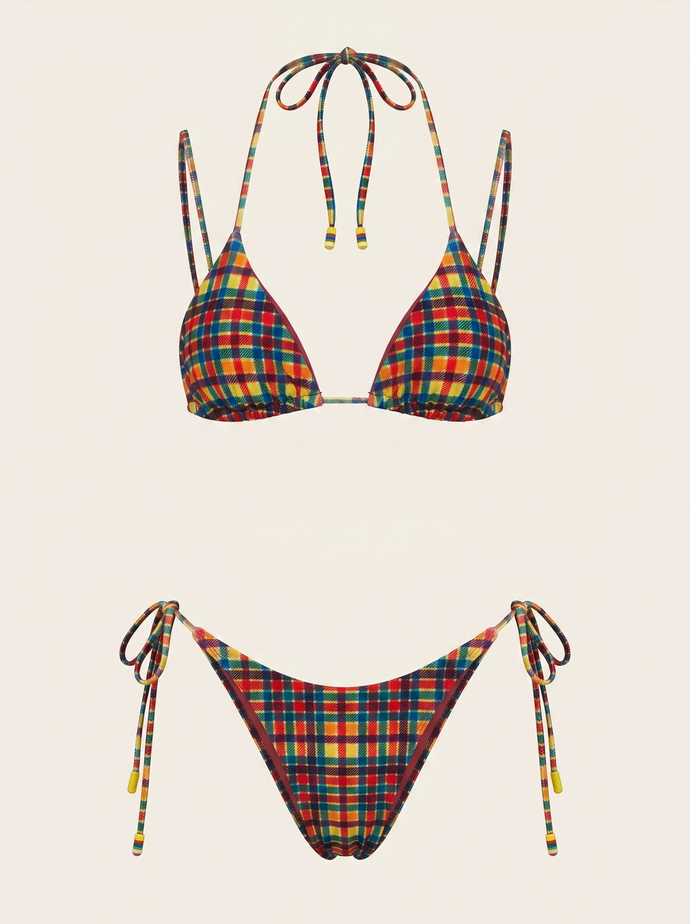 Set bikini in cotone multicolore a quadretti con chiusura a laccetto