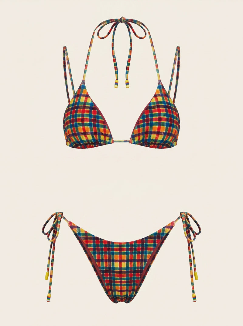 Ensemble bikini en coton vichy multicolore avec fermeture à nouer
