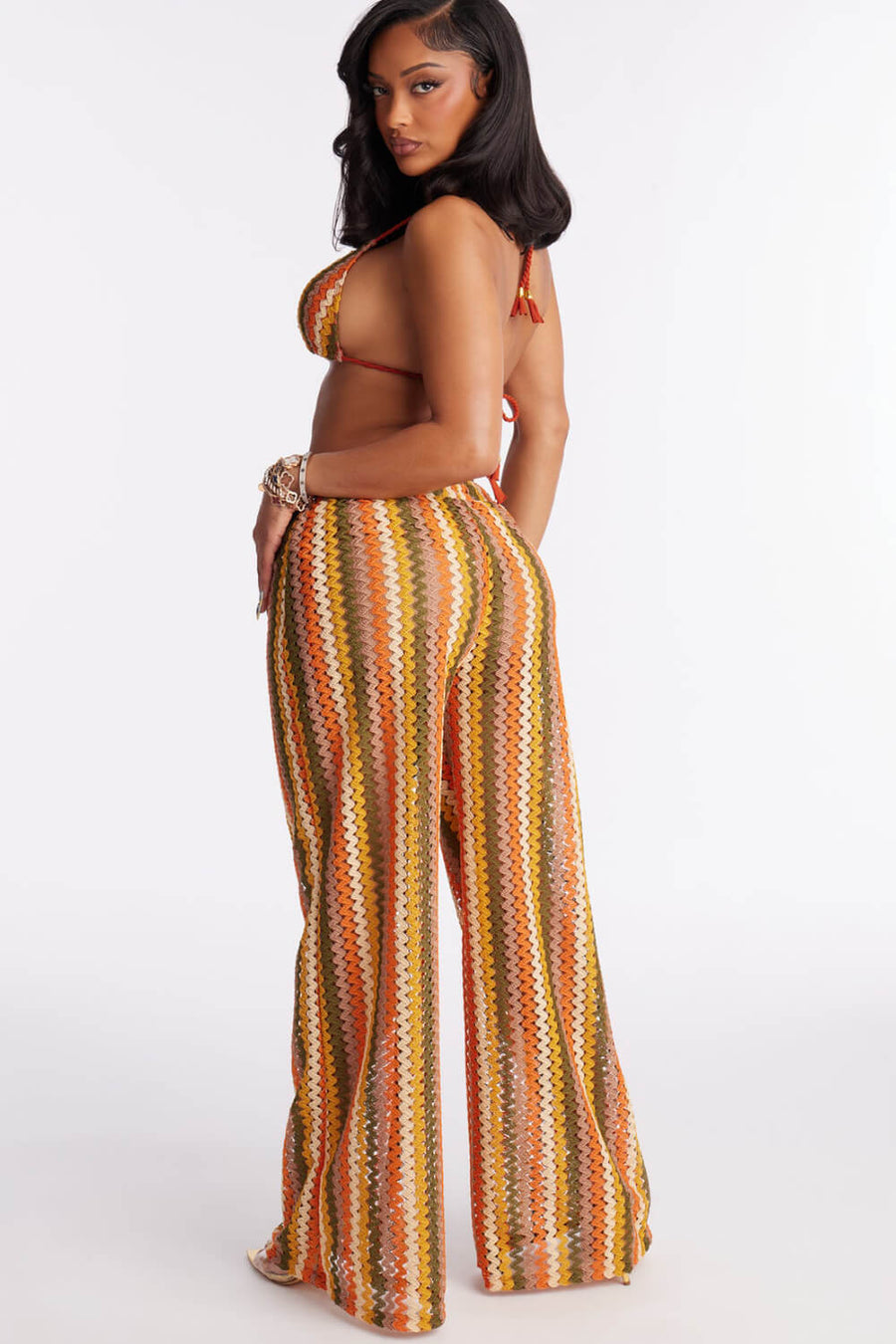 Multicolor Zigzag Crochet Swimwear Set with Tie Side-One-Piece Swimsuit-Bellascena-bellascena