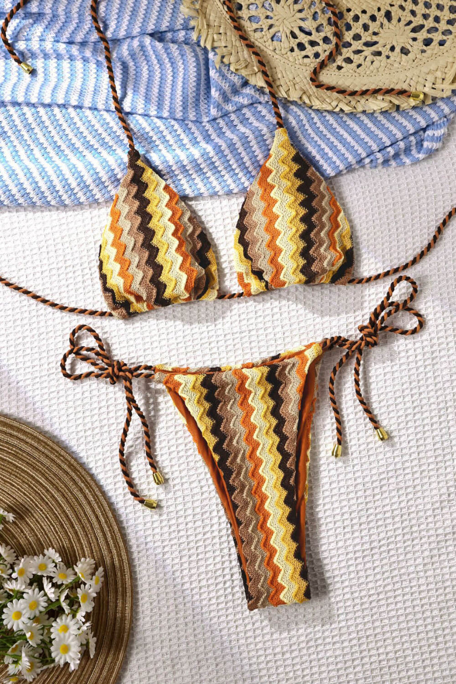 Multicolor Zigzag Crochet Swimwear Set with Tie Side-One-Piece Swimsuit-Bellascena-bellascena