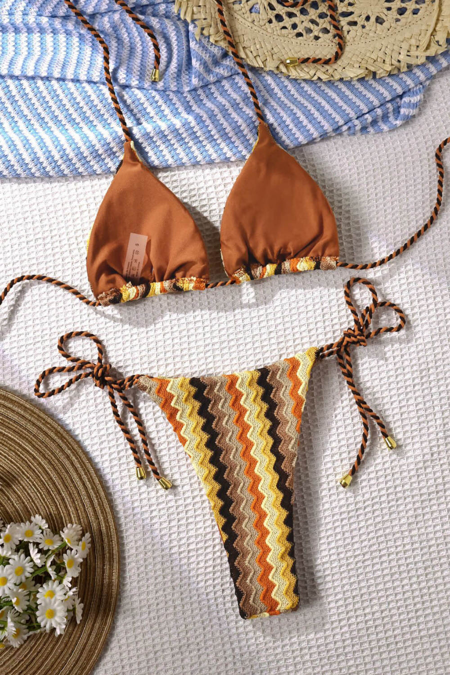 Multicolor Zigzag Crochet Swimwear Set with Tie Side-One-Piece Swimsuit-Bellascena-bellascena
