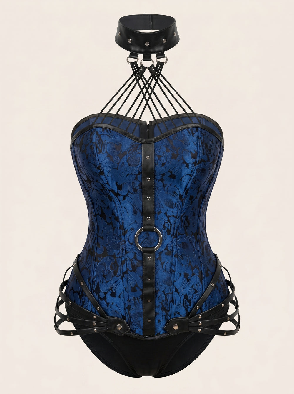 Corsetto blu navy in raso floreale con design a imbracatura e fasce