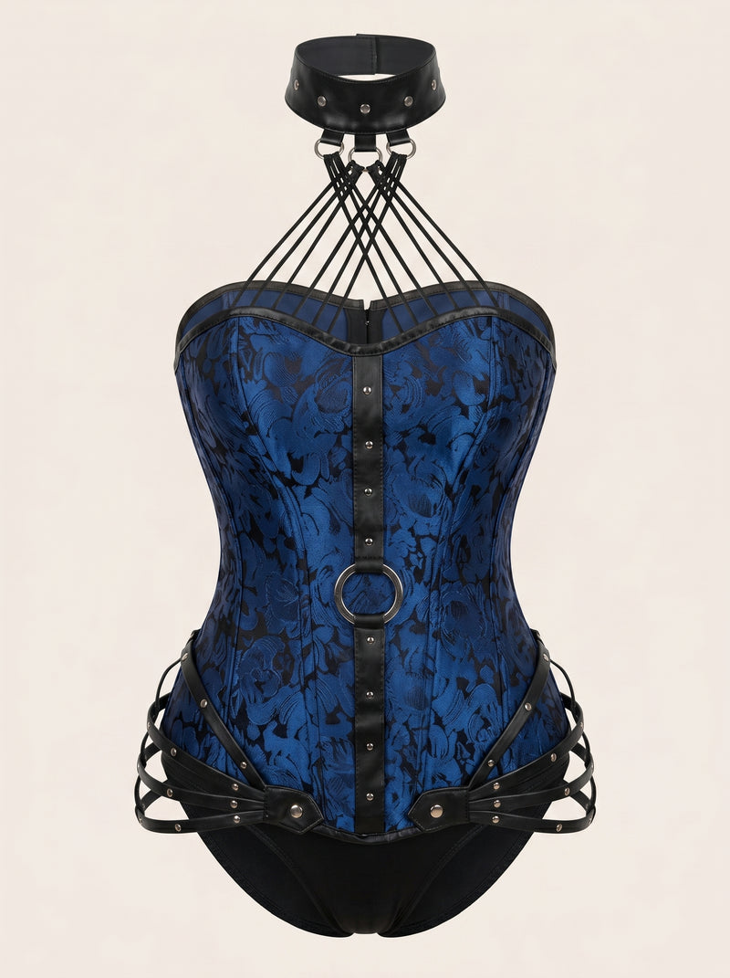 Corsetto blu navy in raso floreale con design a imbracatura e fasce
